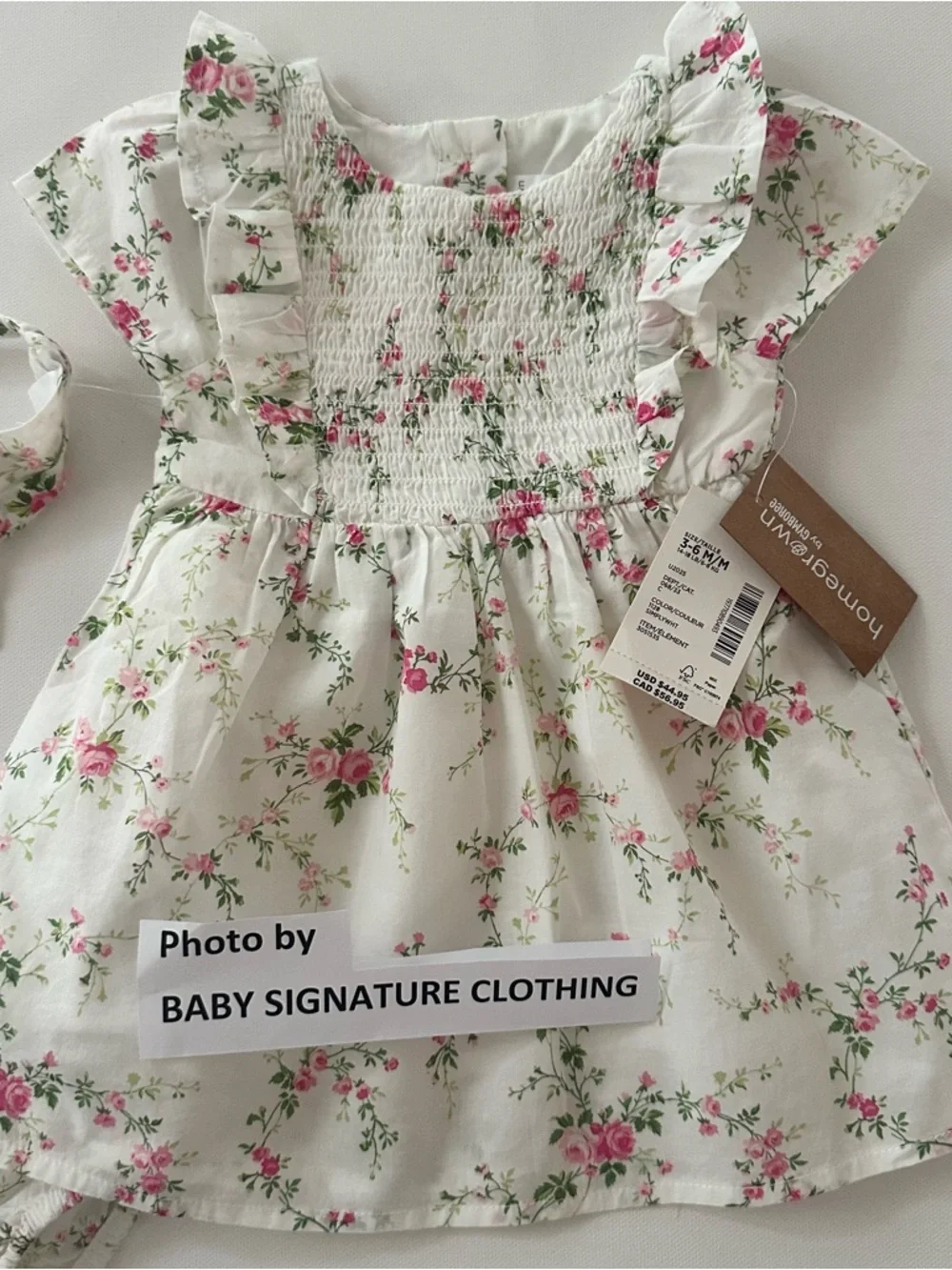Gymboree 3-6 Months Baby Girl White Floral Smocked Dress Headband Set Organic